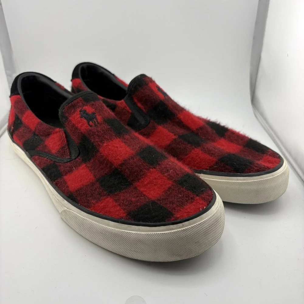 Polo Ralph Lauren Thompson Mens 12 Red Buffalo Check Plaid Slip On Sneakers